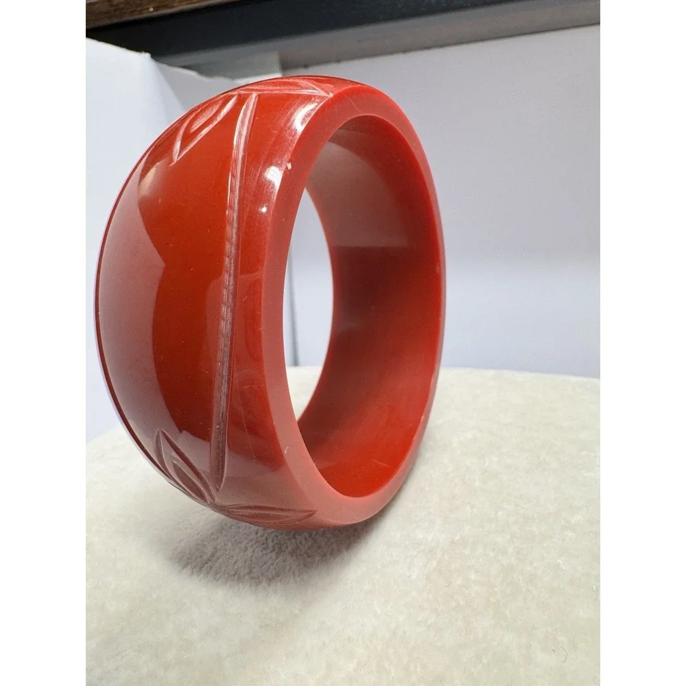 Vintage Carved Red Floral Bangle Bracelet Chunky Wide Domed Statement Jewelry